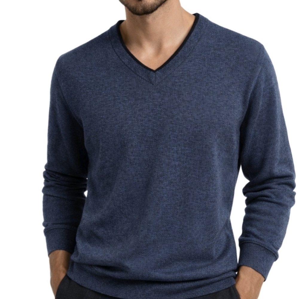 John W. Nordstrom Sweater Blue Cotton Silk Blend V Neck Size XL